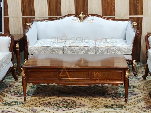 Image of Classic Wood & Craft Italian 7-seater Sofa Set | Teak Wood (3+2+1+1) Sofa Center Table | Victorian Style Hand-carved Wooden Sofa Set | Walnut Finish | Elegant Living Room Sofa Set I Furniture For Home