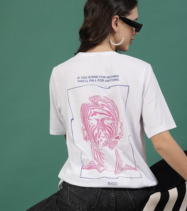 Image of Rigo Back Printed Half Sleeves Round Neck Oversized T-Shirt for Women | Drop Shoulder T-Shirt for Women | Loose Baggy Fit T-Shirt for Women /Girls