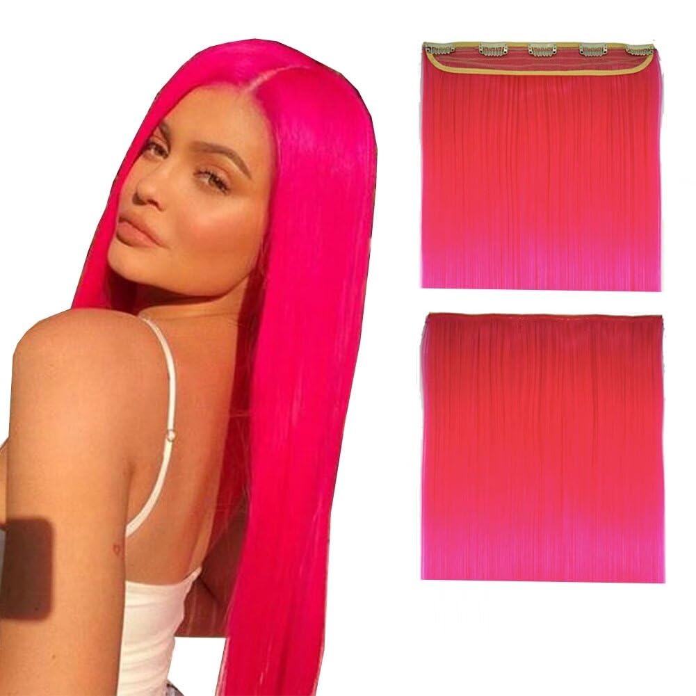 LaLuLoLi Clip in Hair Extensions 24" 100g Long Straight Thick Synthetic Hair Pieces Smooth Pink Hairpiece Hair Extension 5 Clips ins Wig for Cosplay Party Daily Use 8C#