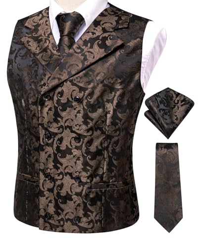 هاي-تي سترة بدلات مزدوجة الصدر للرجال بنمط بيزلي مزهور، صدرية وربطة عنق وربطة عنق وربطة عنق وازرار اكمام ومشبك ربطة عنق، بدلة توكسيدو، 6 قطع، بني داكن مزهور، مقاس M
