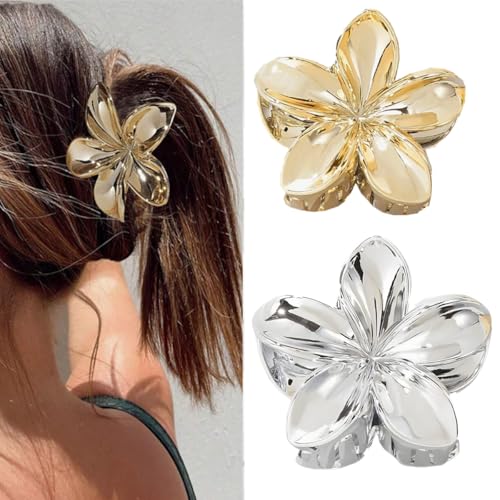 2pc 3.15inch Plated Gold/Silver Hawaiian Hair Claw For Women Girl Summer Beach Travel,Frangipani Hair Clip for Women Girl Accessories image 4