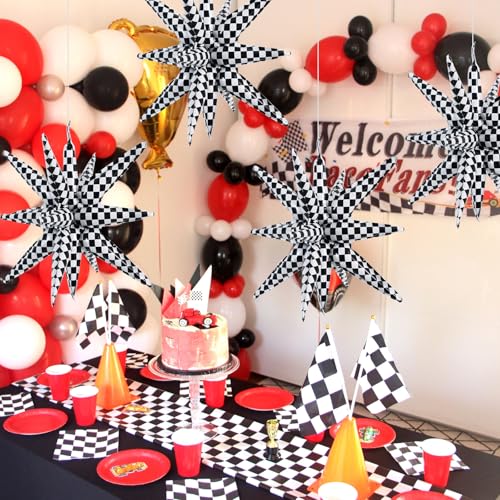 Image of TONIFUL 4 Pcs Checkered Explosion Star Balloons Race Car Themed Party Decor | 22 Inch Large Mylar Star Balloon for Fast Checkered Flag Party Decor Birthday Baby Shower Photo Booth Supplies for Boys Mens