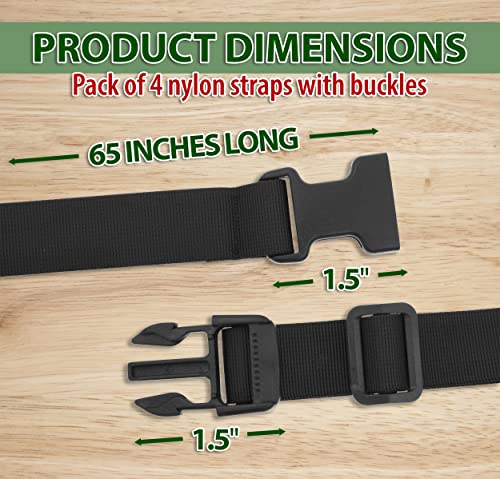 Image of Mandala Crafts 4 PCs Black Adjustable Bag Buckle Straps Belt with 1.5 Inch Quick Side Release Clips 65 Inch Nylon Webbing - Utility, Packing, Suitcases, Sleeping Bags, Backpacks, Luggage Straps