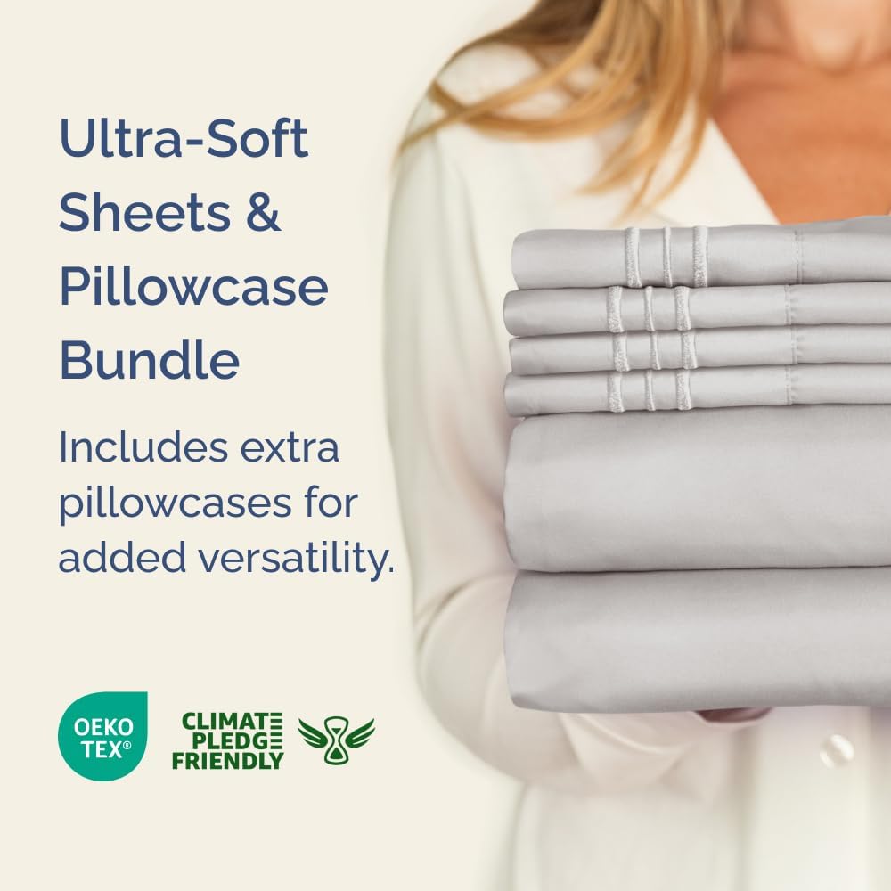 French Grey 4-Piece Sheet Set & Pillowcase Bedding Bundle (King Size) - Complete King Sheet Set & 2 Pillowcases with Deep Pockets up to 16 inches - Hotel Luxury Quality - Soft, Breathable & Cooling