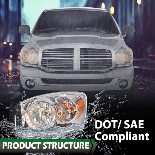 Image of GRAND ORANGE Headlight Assembly Diver Left Side Compatible with Dodge Ram 1500 Truck 2006-2008 /Fit Dodge Ram 2500 3500 Truck 2006-2009 w /Bulbs Clear Lens Chrome Housing Amber Reflector
