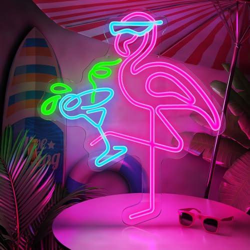 Neon Flamingo Light Up Sign for Hawaii Party, Pink Blue Flamingo Cocktails Neon Sign for Tiki Bar Wall Decor, Tropical Led Sign for Women Girl Bedroom Hawaiian Summer Beer Beach Party Decorations