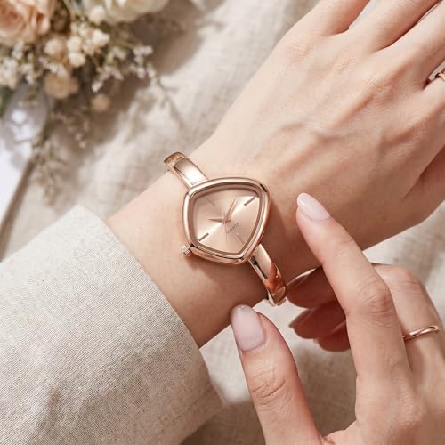 Image of Shocknshop Analog Triangle Dial Bangle Ladies Gold Tone Cuff Bracelet Strap Ladies Minimalist Quartz Watch for Woman -WCH192