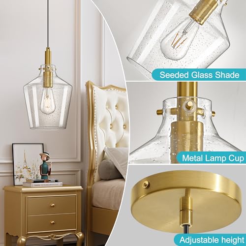 Image of Seeded Glass Pendant Lighting for Kitchen Island Foyer 1 Pack Gold 8 Inch