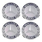 Mercedes-Benz Ähren-Felgenzentrierkappe (4er Set) – Silbern aus Kunststoff mit blauem Design, kompatibel mit Mercedes-Benz 75mm, ideal für Felgen-Dekoration & Ersatz von Felgenkappen