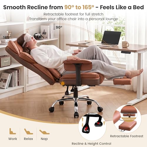 Image of Big & Tall Executive Office Chair, 400 LBS Computer Desk Chair | 23.6 inch Extra-Wide Seat with Footrest, Ergonomic High Back with Lumbar Support, 3.2 inch Adjustable Arms, Brown PU Leather, 2 Pack