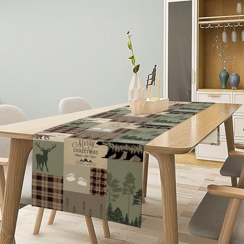 Image of Rustic Country Bear Table Runner,Patchwork Cabin Wild Animals Hunting Table Cloth for Home Kitchen Dining Table Decoration Party 13x36 in