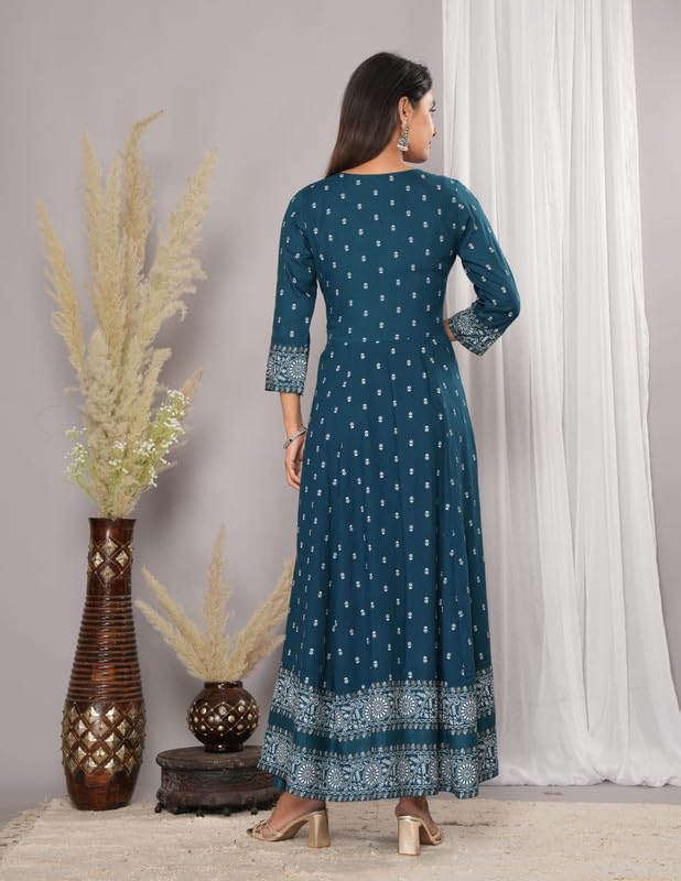 Image of Women's Printed Maxi Dress with Border, 3 /4 Sleeves, Ethnic Style KJ6