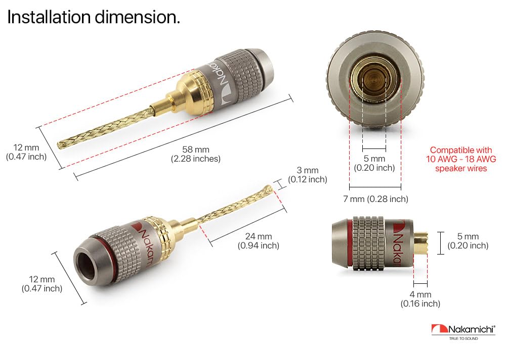 Nakamichi FanLock Wtyczka Pin 2mm Flex Platerowana 24-Karatowym Złotem 10 AWG - 18 AWG Rozmiar 4mm do Głośników, Wzmacniacza Hi-Fi, Kabla Audio, Szybkozłącze, 4 Sztuki (2 Pary)