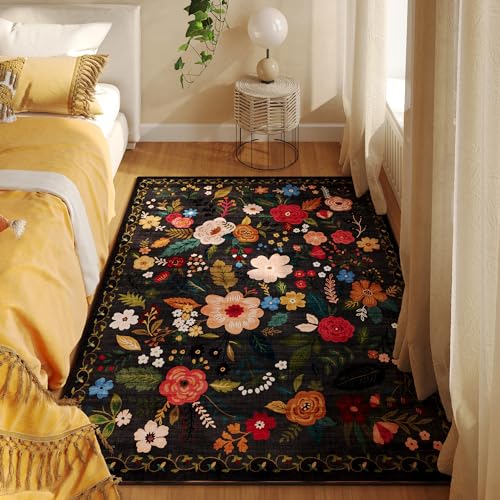 Bedroom Rug 3x5 Rug Washable Area Rug Non Slip Low Pile Boho Floral Small Carpet for Bedroom, Bedside, Kitchen, Entryway, Kids Room, Office, College Dorm Essentials for Girls(Black)