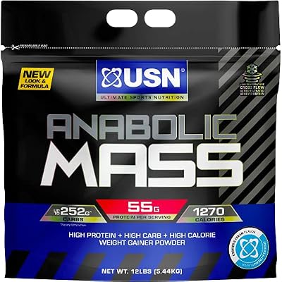 USN Supplements Anabolic Mass, Cookies & Cream, Sports Nutrition Weight Gainer Supplement, Whey Protein Concentrate, Whey Protein Isolate, Casein, Egg White Protein, MCT derived from Coconut, 12 Pound