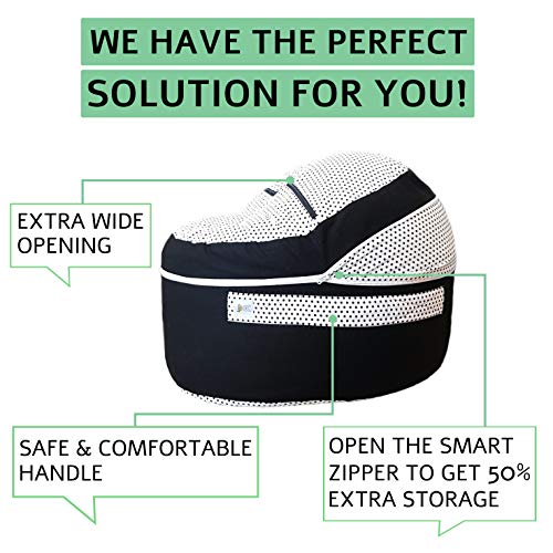 2 Sizes in 1 Large Bean Bag Stuffed Animal Storage | XL Jumbo Ottoman for Soft Toys, Plush Toys | Giant Pouf Organizer for Linens, Quilts, Pillows | 300 L. / 80 Gal. | Black & White