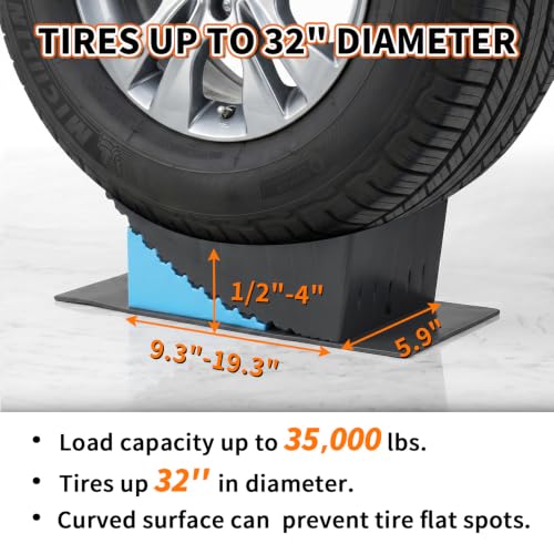 Image of OULEME RV Leveling Blocks, Camper Leveler System 2 Packs for Dual Axle Tandem Wheel Travel Trailer, Include 2 Curved Leveler Ramp, 2 Chock, 2 Rubber Mat, 1 T Bubble Level, 1 Carry Bag, Blue