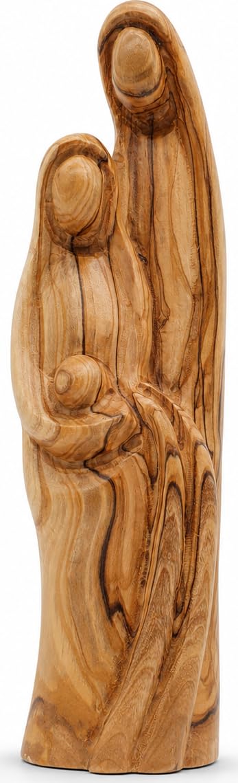 Zuluf Large 10 Inch Olive Wood Holy Family Statue from Bethlehem, Hand Carved Faceless Nativity of Mary Joseph and Baby Jesus, Catholic Christmas Altar Centerpiece, Holy Land Christian Home Decor Gift