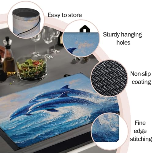 Image of Blue Jumping Dolphins Stove Top Cover for Electric Stove, Heat Resistant Glass Cooktop Cover, Stovetop Protector, Dish Drying Mats Cover for Ceramic Washer Top 28x20 inch