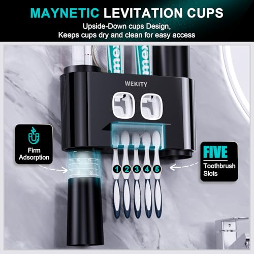 Toothbrush Holder Wall Mounted, Multi-Functional Toothbrush Holder,Toothpaste Dispenser for Bathroom with 5 Toothbrush Slots, 2 Toothpaste Squeezers and 4 Cups - Thumbnail 5