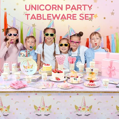 Image of Funnymoom 452 Pcs Unicorn Themed Birthday Party Decorations Include Unicorn Paper Plates Napkins Cups Tablecloth Cutlery Straws Rainbow Pastel Theme Party Supplies for Birthday Decorations