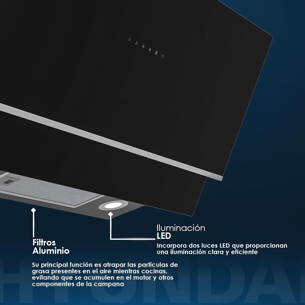 Hyundai Campana Extractora Inclinada 90cm Cristal negro HCPD900AN. Potencia 253m3/h, Tiro Doble, 4 Velocidades, Control Táctil, Filtro apto para Lavavajillas.