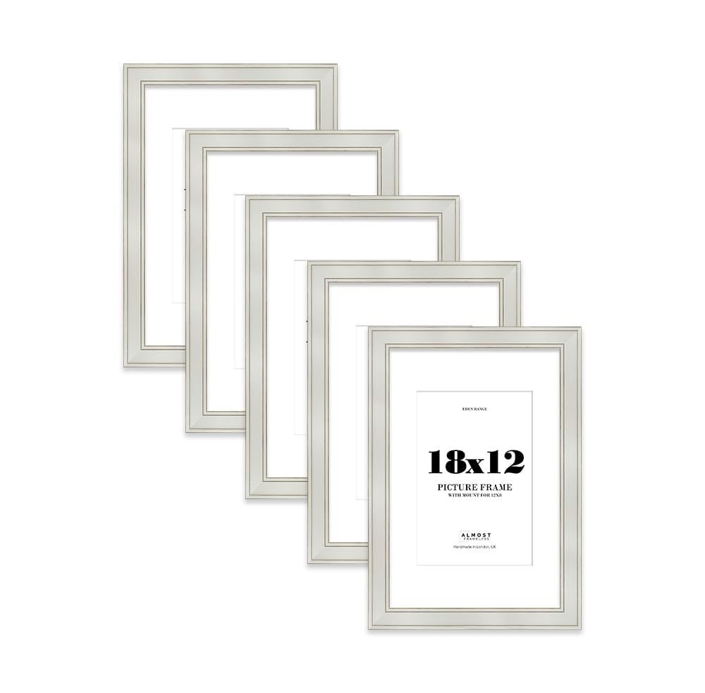 18x12" Light Grey Picture Frame with 12x8" Mount - Shabby Chic Photo Frame with Distressed Finish, Gold Trim, Wall Hooks, 37mm Edge - 5 Pack
