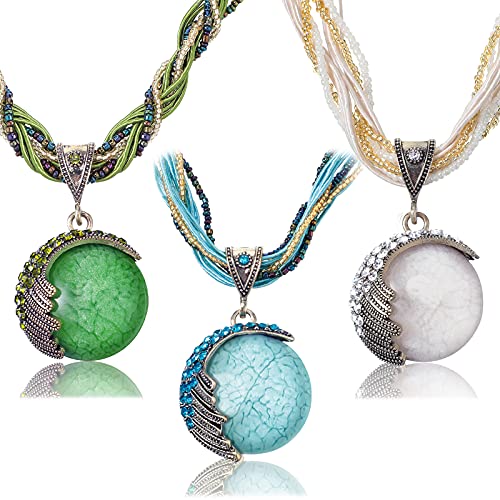 Hicarer 3 Pcs Turquoise Necklaces for Women Retro Vintage Bohemian Style Pendant Collar Chain Necklace Fashion Beaded Chunky Pendant Collar for Women Lady Gifts (Green, White, Blue)