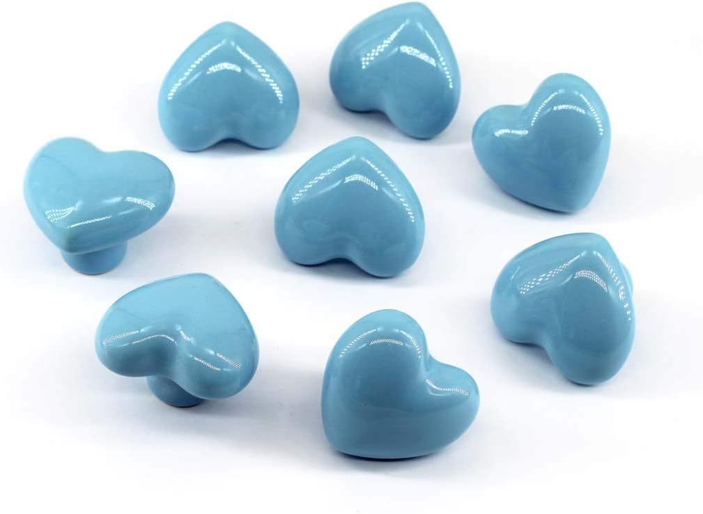 Flomore Blue Drawer Knob Ceramic Cabinet Knobs Kids Room Handle Pull Heart Shape for Dresser Drawers (Pack of 8 Screws Included)