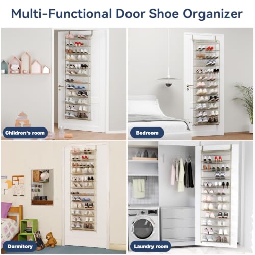 Image of Whitmor 36 Pair Over the Door Shoe Rack,12 Tier Hanging Shoe Organizer with Metal Frame & Mesh Shelves, Heavy Duty Shoe Storage Holder for Door, No Drill Installation, 74 inch H x 21.7 inch W x 7.5 inch D, Oat