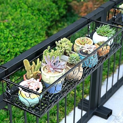 ZZBIQS Metal Planter Flower Pot Holder Railing Shelf, Iron Balcony Planters Railing Hanging Bucket Pot Flower Holder with Hooks for Outdoor Garden Porch Patio(Black, 23.6 x 7.8 x 4.7 Inch) Cover