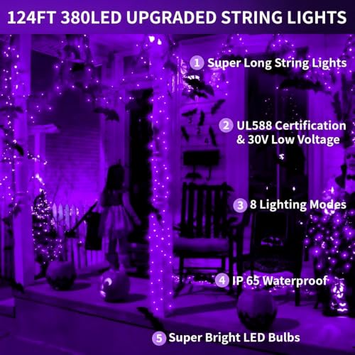 FLVOECN 380 LED 124FT Purple Halloween Lights Timer 8 Modes - image 2