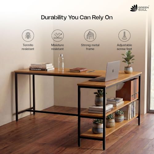 Image of Green Soul Thrive L-Shaped Study Table with Book Shelf for Home and Office | Ideal for Students and Adults | 3-Years Assurance | Coach Wood Yellow | Installation Provided