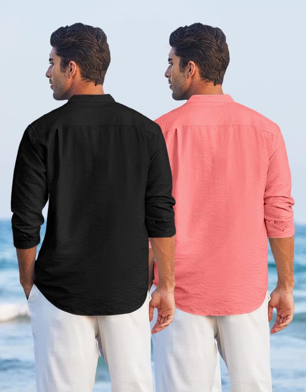 Image of Macsivo Combo of Men's Regular Fit Cotton Blend Solid Casual Short Kurta with Mandarin Collar and Pockets Kurta Pack of 2