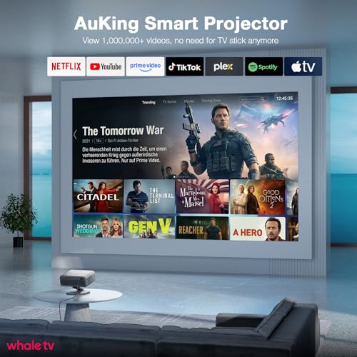 Image of [4200 ANSI] 4K Projector with WiFi and Bluetooth,TOF Real-Time Auto Focus Projector, AuKing Outdoor Movie Home Proyector with Omni-Adjustable Stand(silver grey)