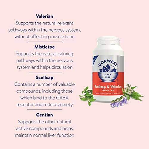 DORWEST HERBS Scullcap & Valerian Calming Tablets for Dogs and Cats, 500 Tablets, Natural Dog Calming Supplements for Stress and Anxiety Relief  Sugar-Free, Non-Drowsy, Light Yellow Tablet, 14DOR018
