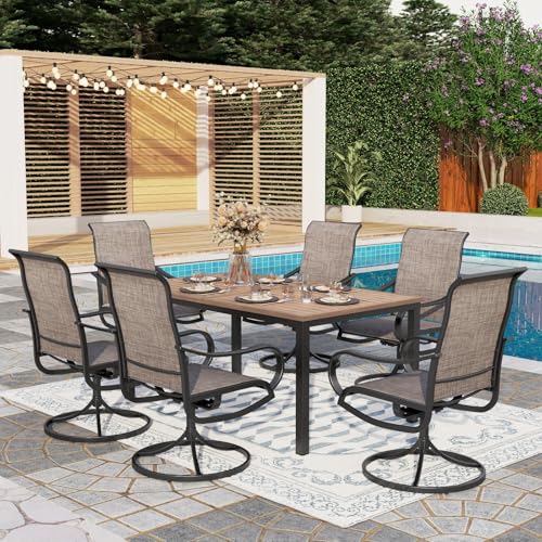 Image of PHI VILLA Patio Dining Table and Chairs, 6 Swivel Dining Chairs with Armrest, Brown Metal Slat Table Top with 1.6 inch Umbrella Hole, Rustproof E-Coating for All Weather