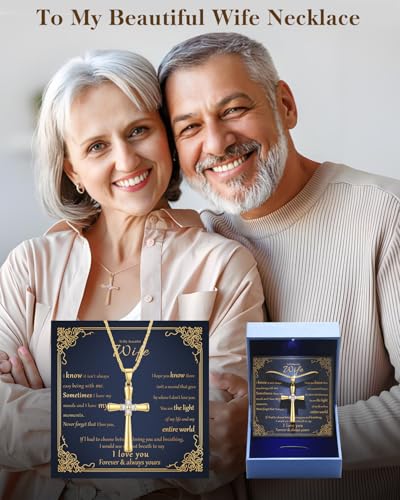 Gold Moissanite Cross Necklace for Women Wife in Light-Up Gift Box,Love Card - Women Anniversary Birthday Gifts Ideas for Wife Her Girlfriend, Christian Cross Chain Jewelry(18K Real Gold Filled)2