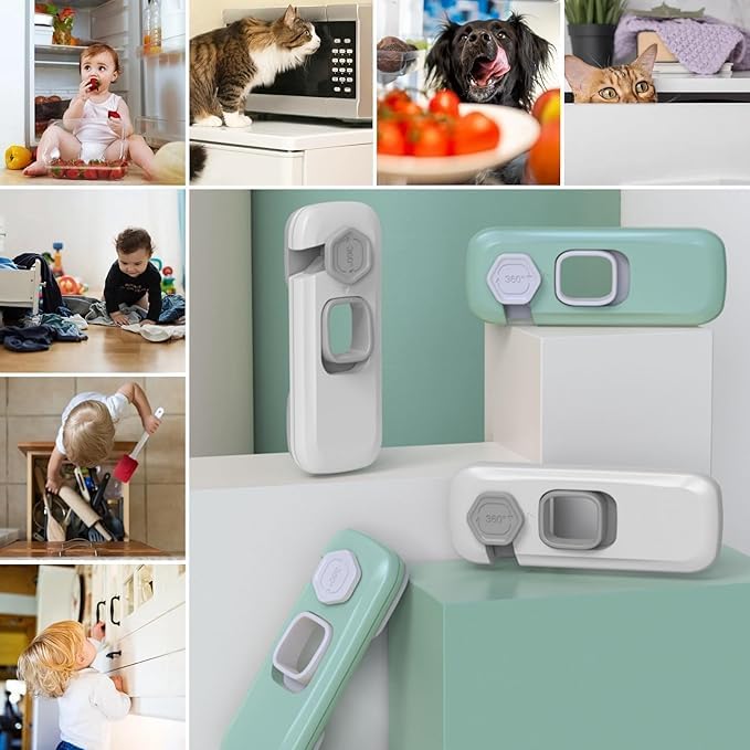 Image of 2 Pack Child Proof Refrigerator Lock, Fridge, Cabinets, Freezer Door Lock Apply to Max 1 inch(25mm) Sealing Strip for Toddlers and Kids, No Tools Need or Drill - Green (Green, 2)
