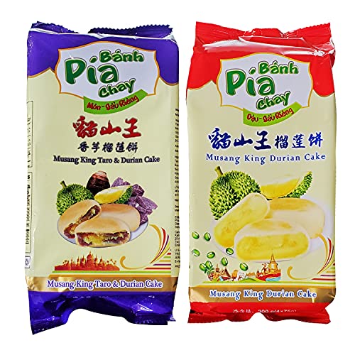 Banh Pia Chay Durian & Taro and Durian Snacks Bundle 10.6oz - 4 Individually Wrapped Cakes (2 Packs)