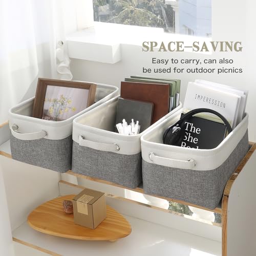 Patvingot Storage Boxes, Storage Basket with Fabric Handle for Shelves Cupboards Clothes (White/Grey, Small-3 Pack) - Image 6