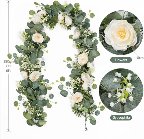 UXORSN 2PCS 12FT Artificial Eucalyptus Flower Garland with White Roses Fake Plants Silk Floral Greenery Garland Faux Gypsophila Ivy Vines for Wedding Decoration Home Party Table Runner Decor