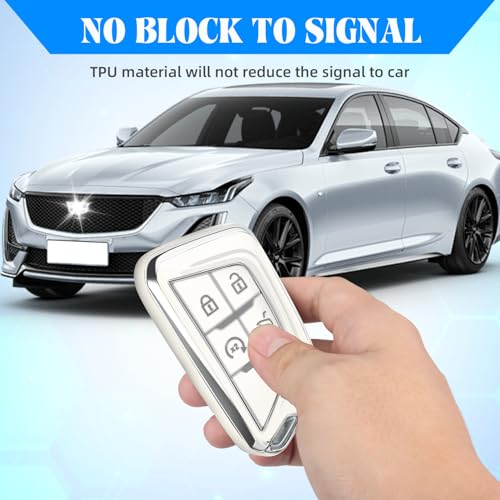 Image of QBUC for Cadillac Key Fob Cover with Leather Keychain (Chrome Trim White) | Soft TPU Protection Case Compatible with 2020-2026 Cadillac Escalade Lyriq Optiq 5-Buttons