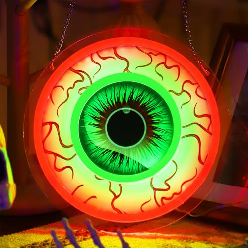 Halloween Window Decorations Indoor Lights Eyeball Shaped Neon Signs Red and Green Led Lights Battery Operated Or USB Powered Cute Gothic Decor for Home Room Wall Office Mental(1Pack)