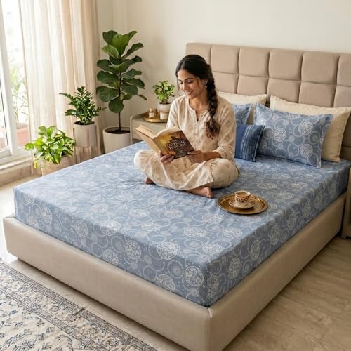 Image of Mafatlal 186 TC Grace Pure Cotton Double Size Bedsheet | 90 x 100 Inch | Soft Breathable Cotton Bed Sheet Set with 2 Pillow Covers | Slate Blue