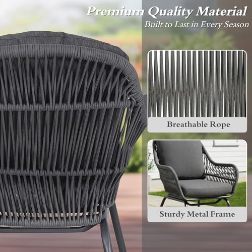Image of DEVOKO 3 Piece Outdoor Conversation Set with Handwoven Rope Chairs & Waterproof Cushions in Grey - Perfect for Backyards & Gardens
