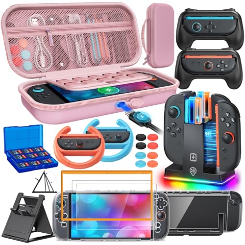 Image of Switch 2 Accessories, Case Bundle for Nintendo Switch 2 2025 Console,[Charge Inside]FYOUNG 23 IN 1 Kit:Carrying Case,Controller Charger,Protective Shell,Grip for Joycon, Steering Wheel -Pink