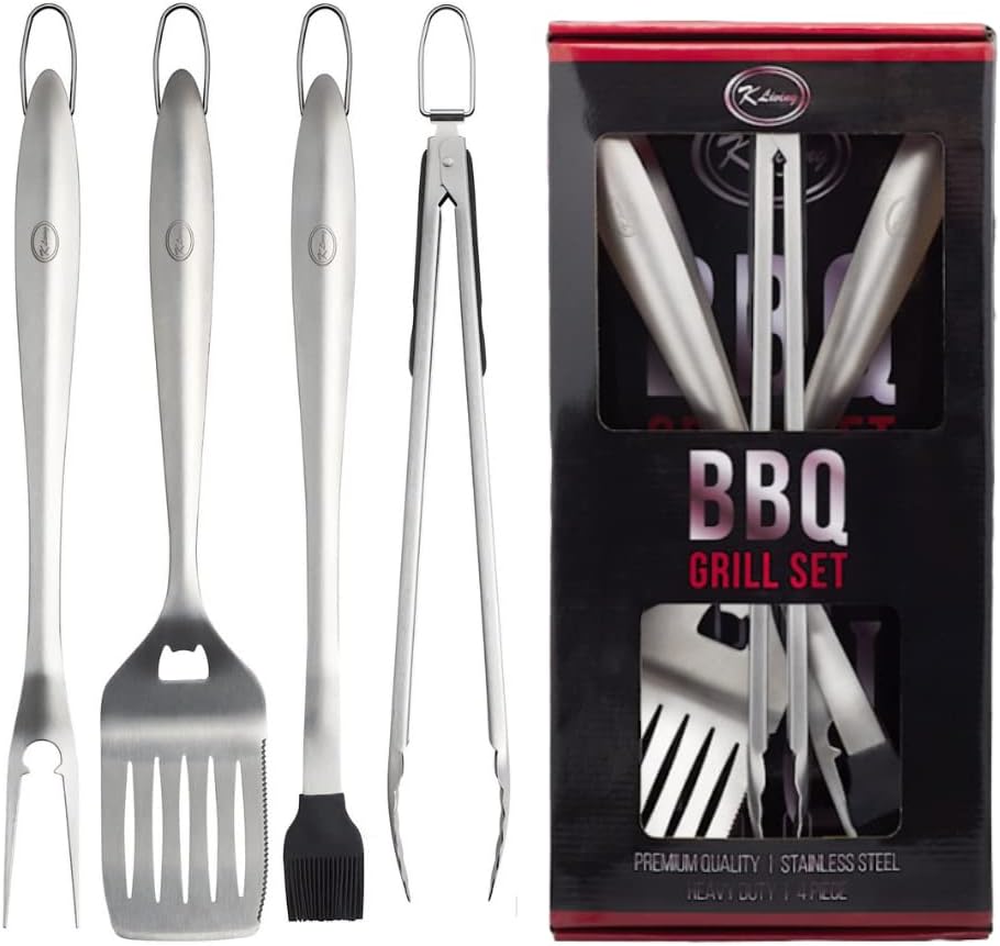 K Living Premium Barbecue Tool Sets | 4 Piece | Stainless Steel | Long Handles | TAKE Control of The Grill | Bonus Apron & Chef GAV EBOOK | Easy to Clean & Store | Stylish Design | Best Gift