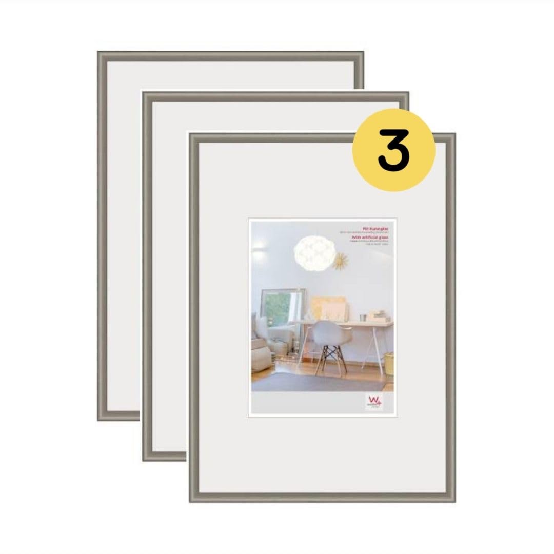 walther design Bilderrahmen stahl 29,7 x 42 cm (DIN A3) mit Kunstglas 3er Pack, New Lifestyle Kunststoffrahmen KVX342D3