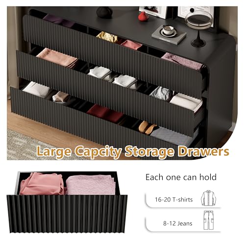 Image of Wodeer Black Dresser Fluted 9 Drawers Dresser for Bedroom, 59 inch Wide Wood Chest of Drawers with Hidden Handles & Rounded Corners, Modern TV Stand Storage Cabinet for Living Room, Hallway, Entryway